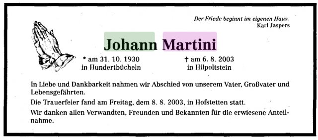 Martini Johann 1930-2003 Todesanzeige